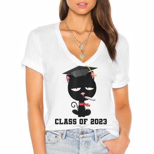 I Graduated Class Of2023 Cat Graduation Women's Jersey Short Sleeve Deep V-Neck Tshirt				 - Best Gift Smart