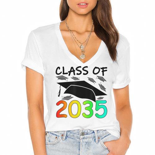 Graduation Class Of 2035 Hand Prints Space Pre-K -12th Grade Women's Jersey Short Sleeve Deep V-Neck Tshirt				 - Best Gift Smart