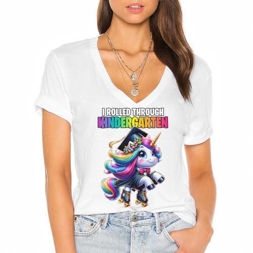 Graduation Kindergarten Unicorn Roller Skate Girls Grad Women's Jersey Short Sleeve Deep V-Neck Tshirt				 - Best Gift Smart