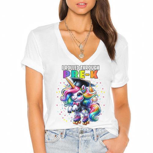 Graduation Pre-K Unicorn Roller Skate Girls Preschool Grad Women's Jersey Short Sleeve Deep V-Neck Tshirt				 - Best Gift Smart