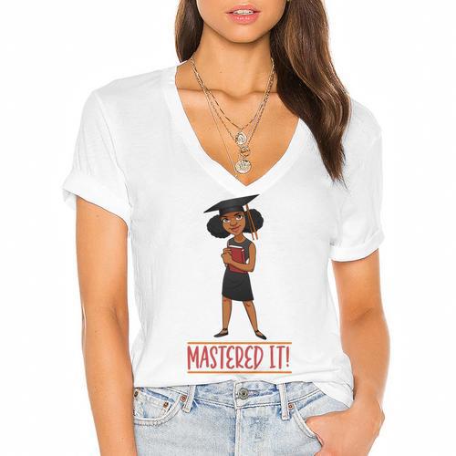 Graduation Woman Tshirt Black Melanin Masters Degree Women's Jersey Short Sleeve Deep V-Neck Tshirt				 - Best Gift Smart