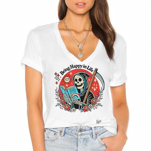Grim Reaper Reads a Book Women's Jersey Short Sleeve Deep V-Neck Tshirt - Bookorys AU