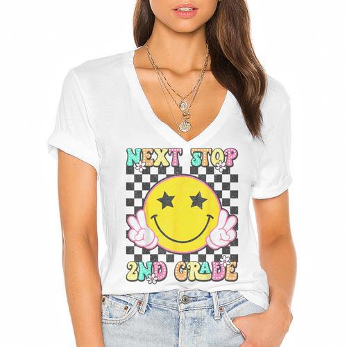 Groovy Next Stop 2nd Grade 1st Grade Graduation 2025 Women's Jersey Short Sleeve Deep V-Neck Tshirt				 - Best Gift Smart