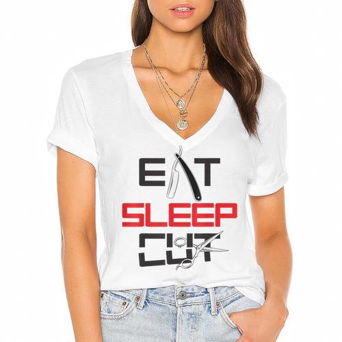 Haircutter Barber Eat Sleep Cut Barbering Graduation Women's Jersey Short Sleeve Deep V-Neck Tshirt				 - Best Gift Smart