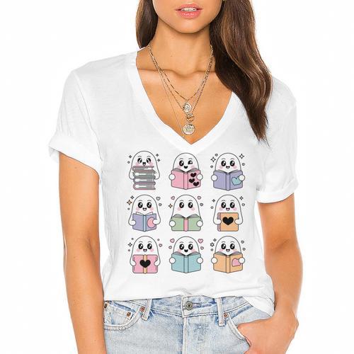 Halloween Ghosts Reading Books Pattern Spooky Kawaii Anime Women's Jersey Short Sleeve Deep V-Neck Tshirt - Bookorys