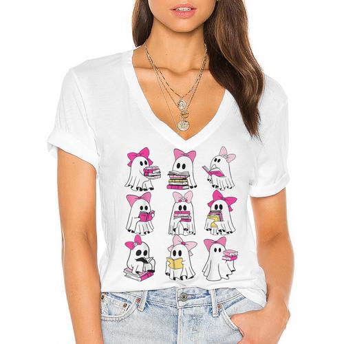Halloween Pink Ghost Read More Books Spooky Boo Teacher Kids Women's Jersey Short Sleeve Deep V-Neck Tshirt				 - Bookorys