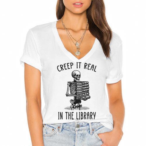 Halloween Skeleton Pun Book Lover Library Joke Women's Jersey Short Sleeve Deep V-Neck Tshirt				 - Bookorys DE