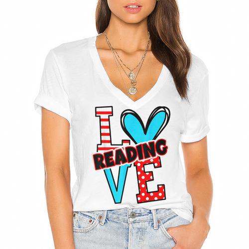 I Heart Books Love Reading Red And Stripe Animated Cat For Men Women Girls Kids Women's Jersey Short Sleeve Deep V-Neck Tshirt				 - Bookorys DE