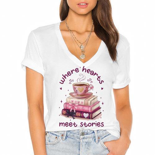 Where Hearts Groovy Meet Stories Coffee Books Valentines Day Women's Jersey Short Sleeve Deep V-Neck Tshirt				 - Bookorys CA