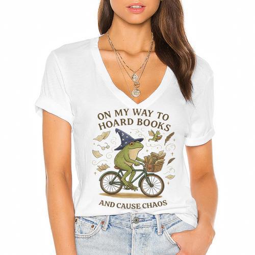 On My Way To Hoard Frog Books And Cause Cottagecore Chaos Women's Jersey Short Sleeve Deep V-Neck Tshirt				 - Bookorys