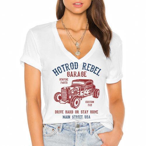 Hotrod Rebel Automotive Nostalgia Old Car Distressed Premium Tri-Blend Women's Jersey Short Sleeve Deep V-Neck Tshirt				 - Figerry