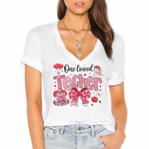 HUGvyn One Loved Teacher Valentine Book Heart Reading Bow Women's Jersey Short Sleeve Deep V-Neck Tshirt				 - Bookorys AU
