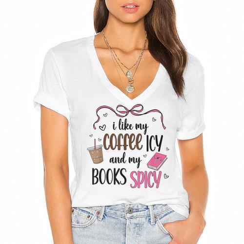 Iced Coffee & Reading Smut Books Girly Spicy Novels Women's Jersey Short Sleeve Deep V-Neck Tshirt				 - Bookorys UK