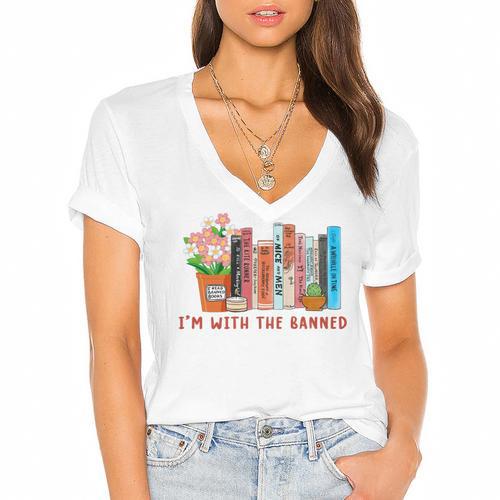 I'm With The Banned Books – Book Lover Librarian Reading Women's Jersey Short Sleeve Deep V-Neck Tshirt				 - Bookorys DE