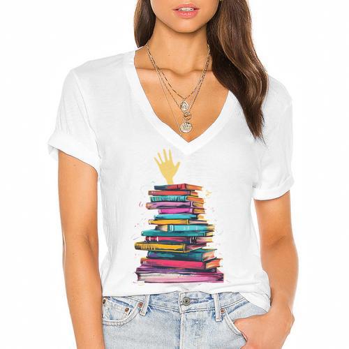 I'm OK Reading Books Library Bookworm Bookish Book Lover Women's Jersey Short Sleeve Deep V-Neck Tshirt - Bookorys