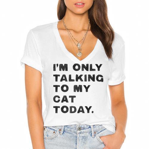 I'm Only Talking To My Cat Today Introvert Chalk Women's Jersey Short Sleeve Deep V-Neck Tshirt - Raresse