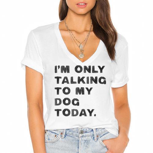 I'm Only Talking To My Dog Today Introvert Women's Jersey Short Sleeve Deep V-Neck Tshirt - Raresse