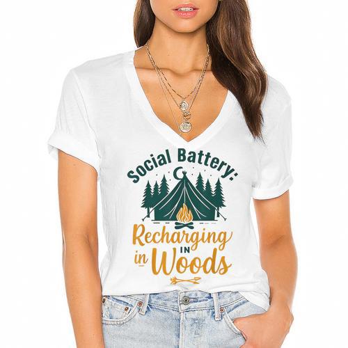 Introvert Camping Social Battery Recharging In The Woods Women's Jersey Short Sleeve Deep V-Neck Tshirt - Raresse