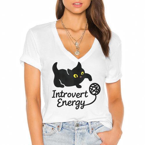 Introvert Energy Cat Love Cat Meme Women's Jersey Short Sleeve Deep V-Neck Tshirt - Raresse