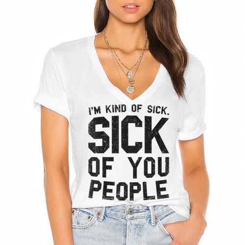 Introvert Men Women Sarcastic Saying Sick Of People Women's Jersey Short Sleeve Deep V-Neck Tshirt - Raresse
