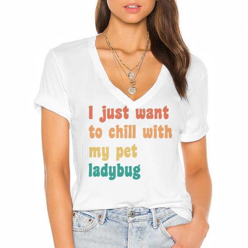 Introvert Pet Ladybug Mom Women's Jersey Short Sleeve Deep V-Neck Tshirt - Raresse
