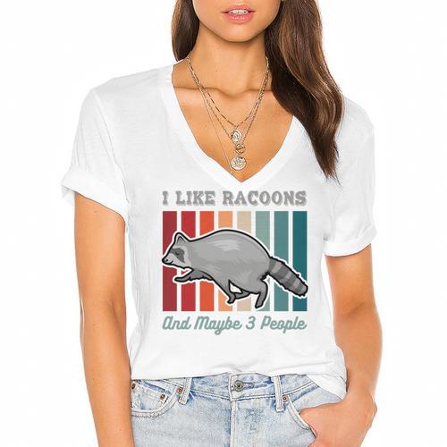 Introvert Raccoon Animal Lover Trash Panda Antisocial Retro Women's Jersey Short Sleeve Deep V-Neck Tshirt - Raresse