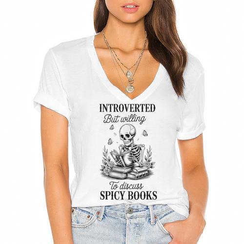 Introvert Read Spicy Books Lover Bookworm Skeleton Reading Women's Jersey Short Sleeve Deep V-Neck Tshirt - Bookorys