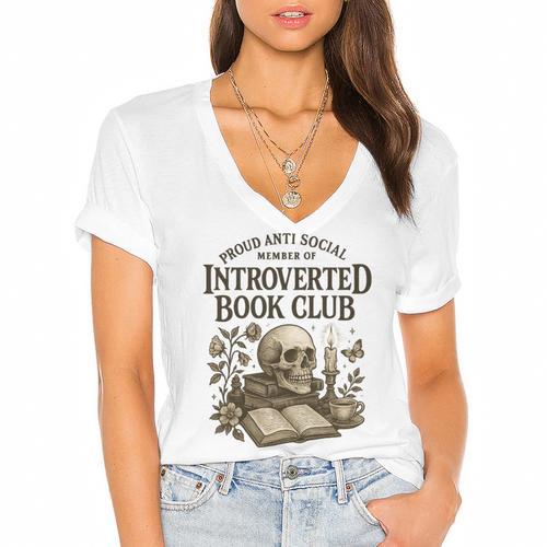 Introverted Book Club Member Anti Social Reader Women's Jersey Short Sleeve Deep V-Neck Tshirt				 - Bookorys CA