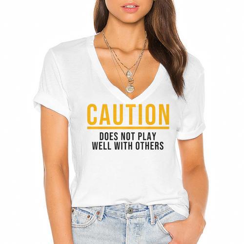 Introverted Does Not Play Well Competitive Athletic Women's Jersey Short Sleeve Deep V-Neck Tshirt				 - Raresse