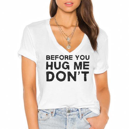 Introverted Joke Before You Hug Me Don't Introvert Sarcastic Women's Jersey Short Sleeve Deep V-Neck Tshirt - Raresse