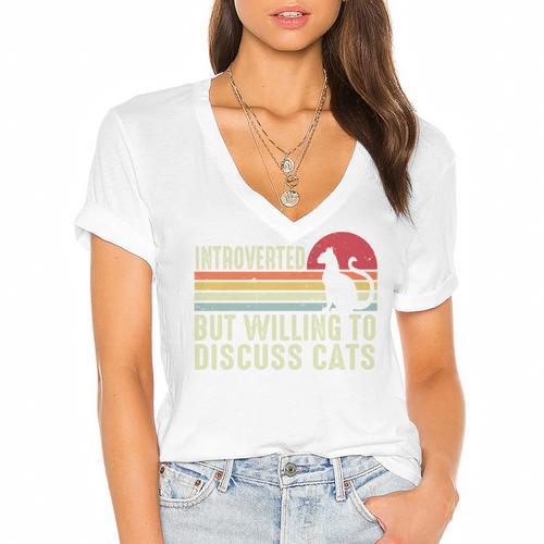 Introverted But Willing To Discuss Cats Kitten Pet Lover Women's Jersey Short Sleeve Deep V-Neck Tshirt				 - Raresse