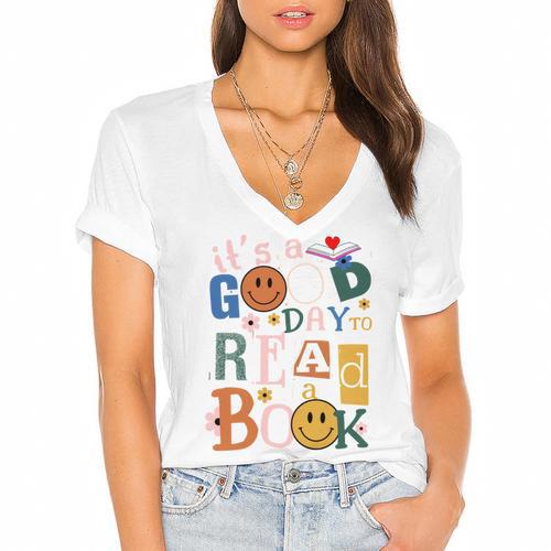 Its a Good Day To Read a Book Lovers Library Reading Women Women's Jersey Short Sleeve Deep V-Neck Tshirt				 - Bookorys AU