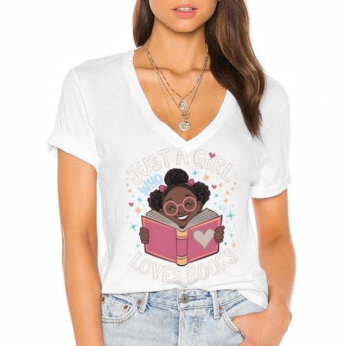 Just A Girl Who Loves Books Cute African American Afro Women's Jersey Short Sleeve Deep V-Neck Tshirt - Bookorys AU