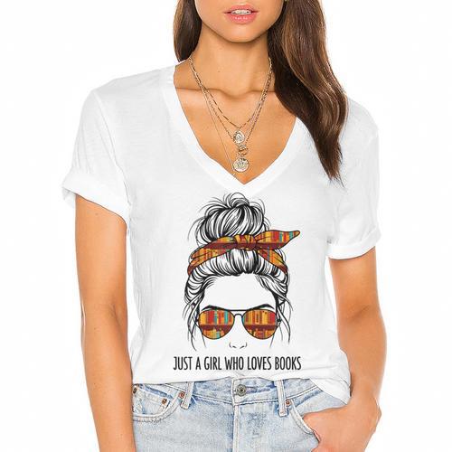 Just a Girl Who Loves Books Pajamas Shirt Reading Book Lover Women's Jersey Short Sleeve Deep V-Neck Tshirt				 - Bookorys DE