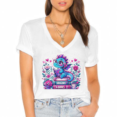 Just A Girl Who Loves Dragons And Books Cute Dragon Reading Premium Tri-Blend Women's Jersey Short Sleeve Deep V-Neck Tshirt				 - Bookorys