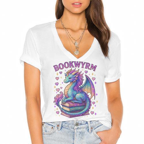Just a Girl Who Loves Dragons And Books Women's Jersey Short Sleeve Deep V-Neck Tshirt - Bookorys AU