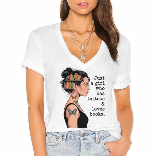Just a Girl Who Has Tattoos And Love Books Tattooed Inked Women's Jersey Short Sleeve Deep V-Neck Tshirt				 - Bookorys