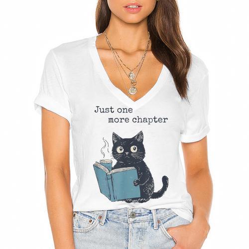 Just One More Chapter Bookworm Cat Book Lover Women's Jersey Short Sleeve Deep V-Neck Tshirt - Bookorys