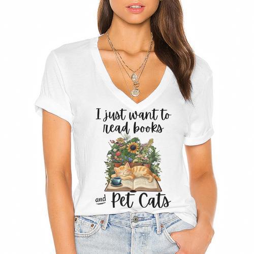 I Just Want To Read Books And Pet Cats Cat Lover Women's Jersey Short Sleeve Deep V-Neck Tshirt				 - Bookorys