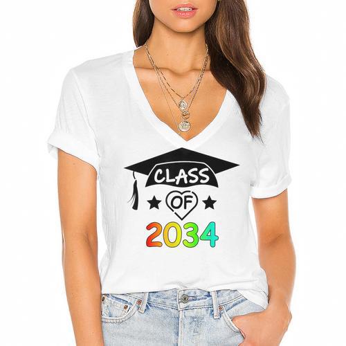 K -12th Grade Hand Prints Space Graduation Class Of 2034 Women's Jersey Short Sleeve Deep V-Neck Tshirt				 - Best Gift Smart