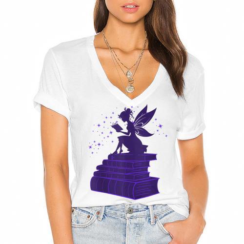 Kawaii Fairy Bookish Book Lover Library Read Women's Jersey Short Sleeve Deep V-Neck Tshirt				 - Bookorys