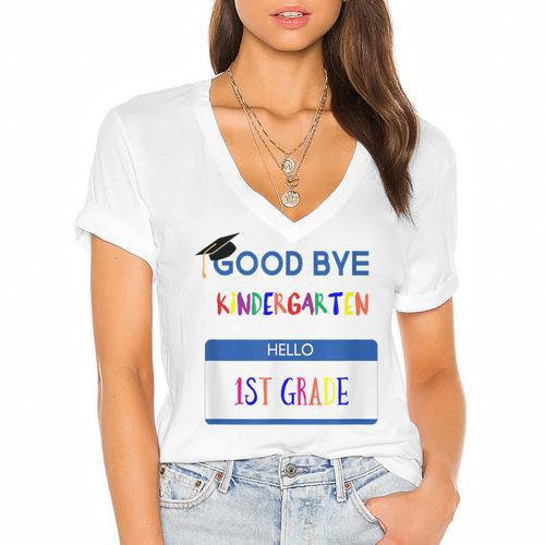 Kindergarten To 1st Grade Graduation T Shirt Women's Jersey Short Sleeve Deep V-Neck Tshirt				 - Best Gift Smart