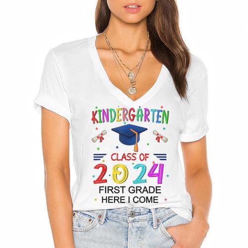 Kindergarten Graduation Class 2024 1st Grade Here I Come Women's Jersey Short Sleeve Deep V-Neck Tshirt				 - Best Gift Smart