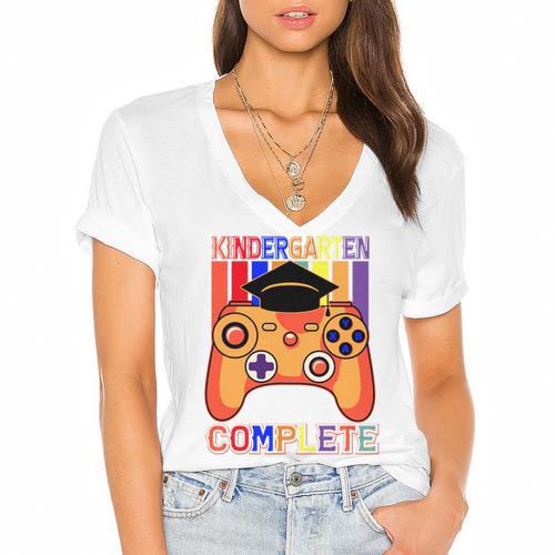 Kindergarten Graduation Level Complete Gamer Graduation Kids Women's Jersey Short Sleeve Deep V-Neck Tshirt				 - Best Gift Smart