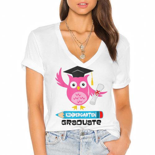 Kindergarten Graduation Tee Shirt Pink Owl T-Shir Women's Jersey Short Sleeve Deep V-Neck Tshirt - Best Gift Smart