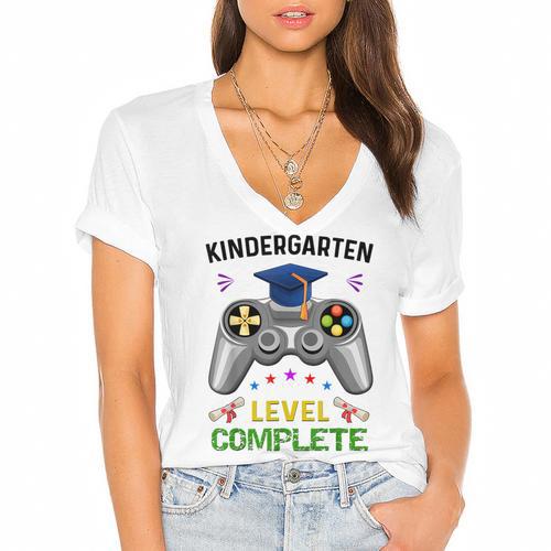 Kindergarten Level Complete Graduation Class 2023 Gamer Kids Women's Jersey Short Sleeve Deep V-Neck Tshirt				 - Best Gift Smart