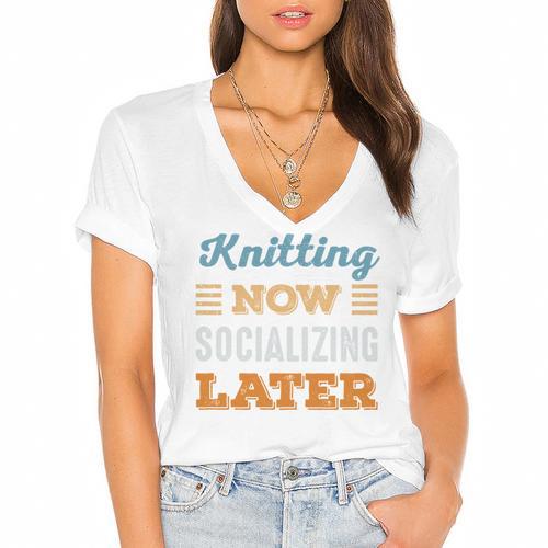 Knitting Now Minimal Socializing Introvert Vintage Women's Jersey Short Sleeve Deep V-Neck Tshirt				 - Raresse