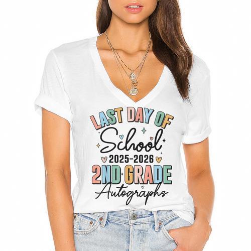 Last Day Of School Autograph 2nd Grade Graduation Boys Girls Women's Jersey Short Sleeve Deep V-Neck Tshirt				 - Best Gift Smart