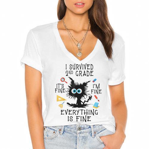 Last Day Of School Student Graduation I Survived 2nd Grade Women's Jersey Short Sleeve Deep V-Neck Tshirt				 - Best Gift Smart