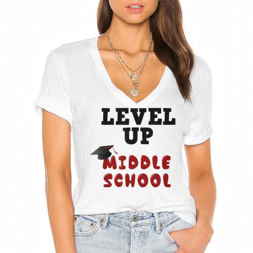 Level Up Middle School 5th Grade Graduation Women's Jersey Short Sleeve Deep V-Neck Tshirt				 - Best Gift Smart